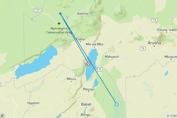 Map of 3 Days Tarangire, Ngorongoro & Manyara Safari from Moshi