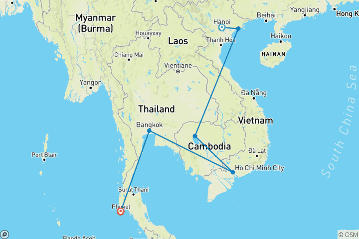 Mapa de 14 Días Lo Mejor de Tailandia, Camboya y Vietnam (guía y conductor privados）