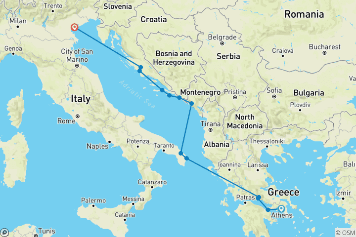 Map of Adriatic Jewels Athens → Venice (2025) (13 destinations)
