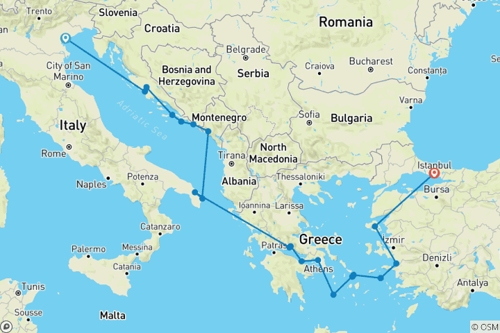 Carte du circuit Trésors de la Méditerranée Venise → Istanbul (2025) (20 destinations)