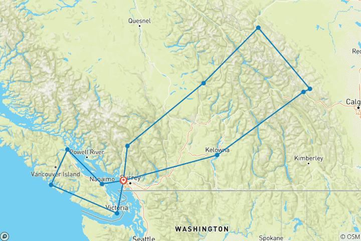 Carte du circuit L'Ouest canadien englobé - 16 jours