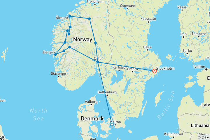 Carte du circuit Copenhague, Fjords norvégiens et Stockholm - 13 jours