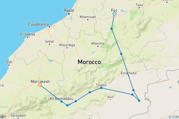 Map of Fes To Marrakech Via Merzouga Desert