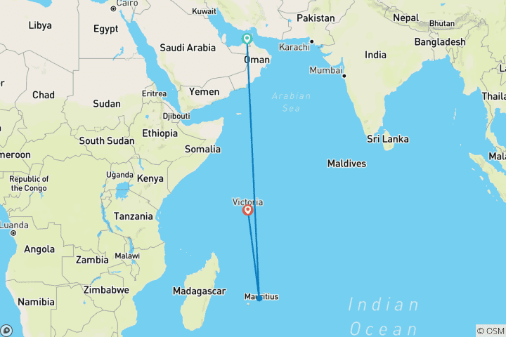 Map of Dubai, Mauritius & Seychelles: City lights meet island vibes (3 destinations)