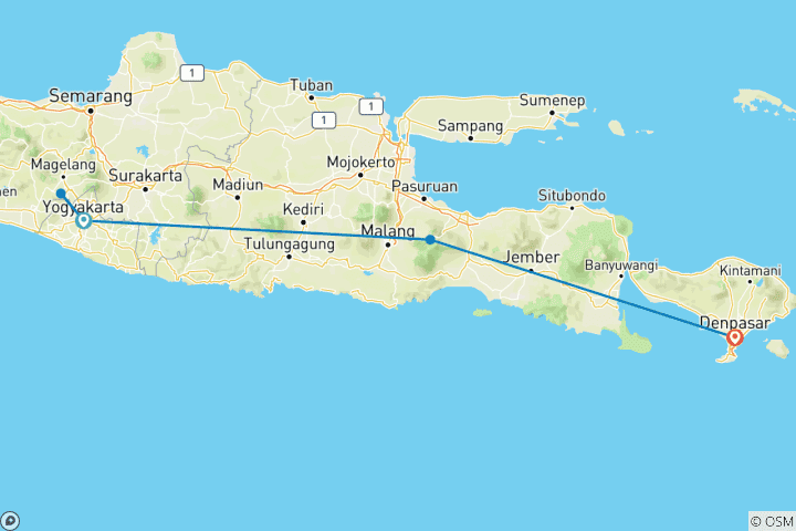 Kaart van Klassieke hoogtepunten van Java (privétour, van Yogyakarta/naar Sudbali)