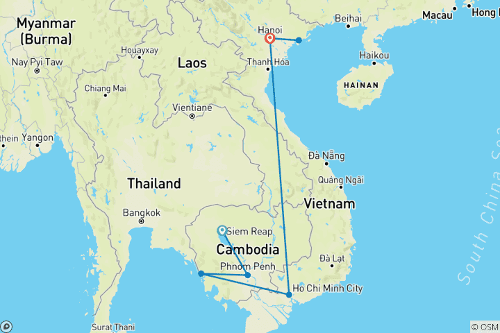 Kaart van 16 Dagen Een mix van geschiedenis en avontuur: Cambodja & Vietnam (privégids & chauffeur）