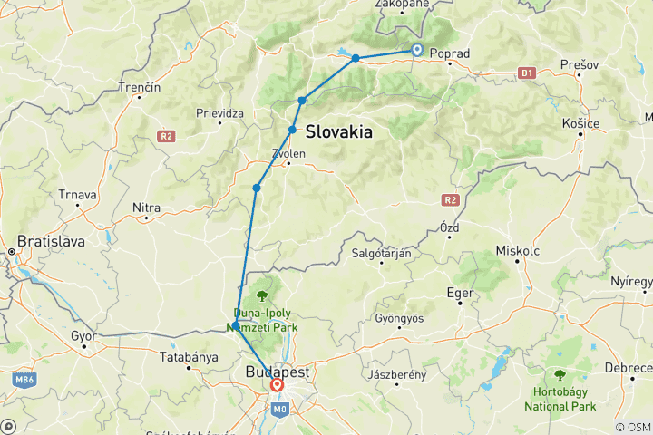 Carte du circuit Randonnée à vélo des Hautes Tatras à Budapest