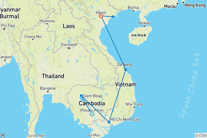 Carte du circuit Cambodge et Vietnam ultimes en 13 jours (guide privé et chauffeur)