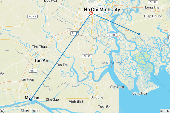 Map of 5-Day Tour in the South of Vietnam: Ho Chi Minh city - Mekong Delta - Cu Chi tunnels