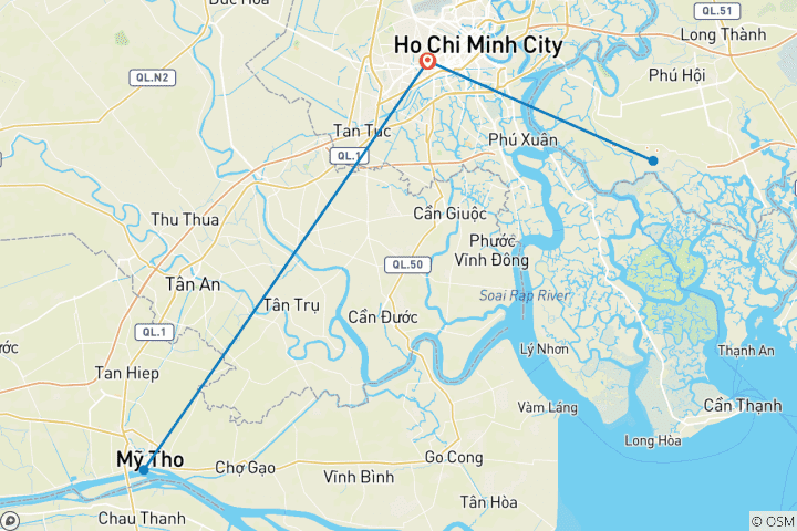 Map of 5-Day Tour in the South of Vietnam: Ho Chi Minh city - Mekong Delta - Cu Chi tunnels