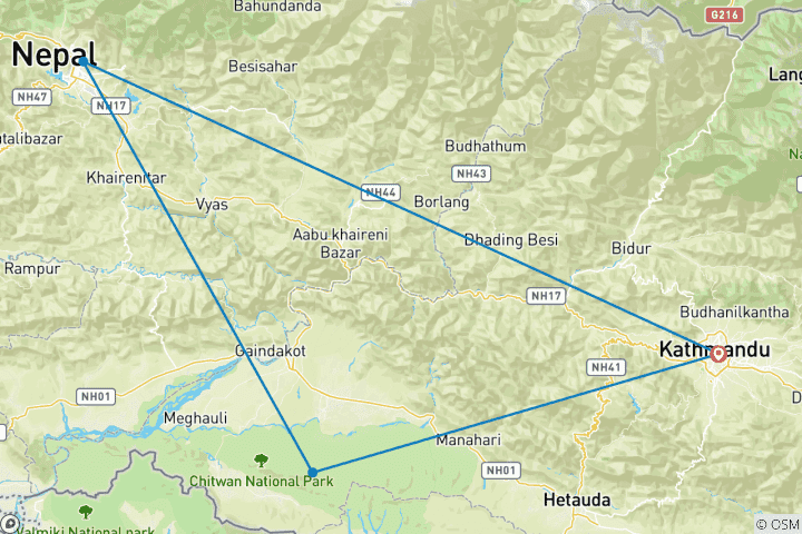 Kaart van (6N/7D) Nepal Rondreis Kathmandu - Pokhara - Chitwan
