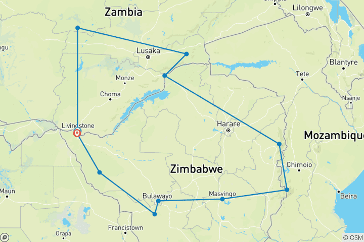 Carte du circuit Zimbabwe et Zambie - Les anciens chemins