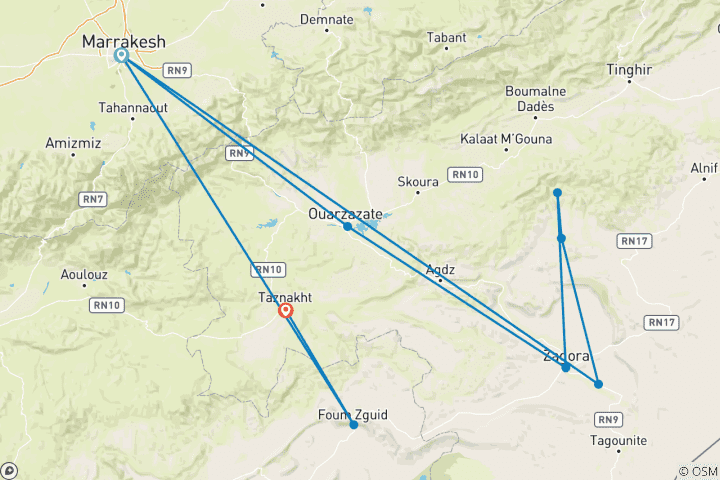 Carte du circuit Excursions de 5 jours dans le désert de Marrakech à la vallée des roses Erg Chigaga Deluxe Morocco