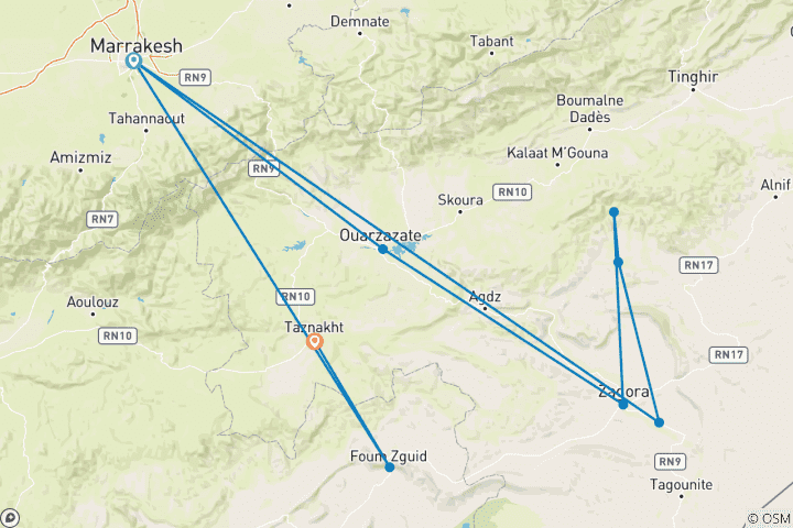 Karte von Wüstenausflüge von Marrakesch 4-tägig zum Rosental Erg Chigaga Deluxe Marokko