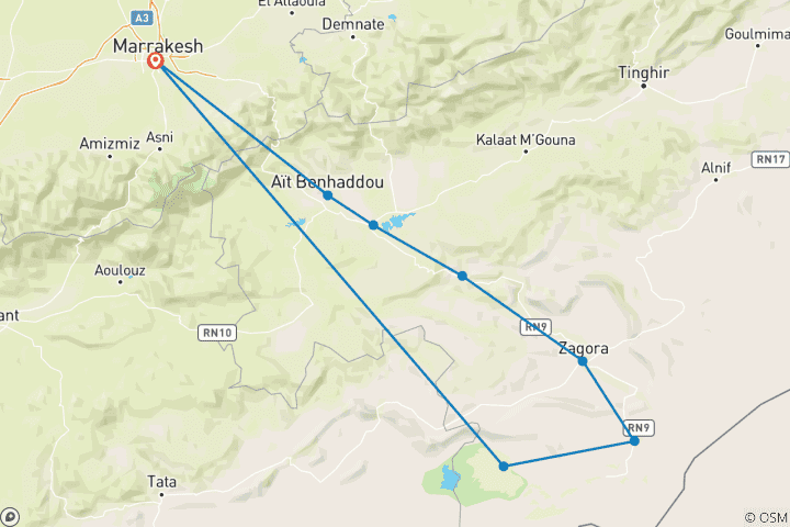 Karte von 5-Tage-Touren von Marrakesch nach Erg Chegaga : Private Sahara-Wüstentour