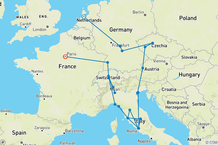 Carte du circuit Découverte de l'Europe (petits groupes, début à Amsterdam, fin à Paris) (22 destinations)