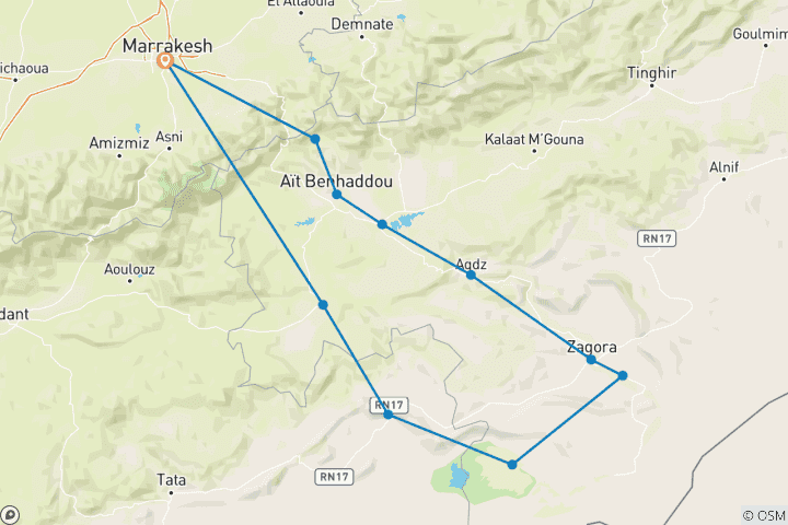 Carte du circuit Circuit de 6 jours dans le désert depuis Marrakech jusqu'au trek dans le désert