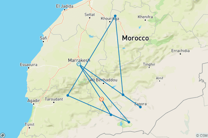 Carte du circuit 6 jours de voyage dans le désert marocain depuis Marrakech Trekking dans le Sahara Erg Chegaga