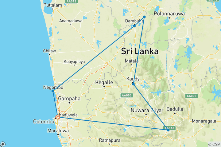 Map of Sri Lanka's cultural highlights and the highlands (private tour)