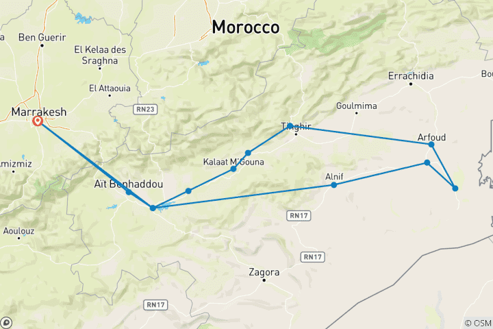 Map of 4-Day Merzouga Desert Private Tour from Marrakech