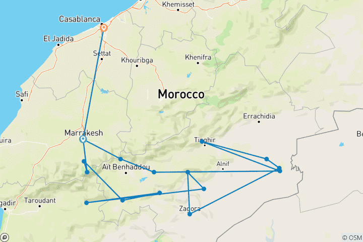 Kaart van 10-daagse woestijntour van Marrakech naar het Atlasgebergte & Erg Chebbi