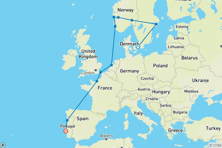 Mapa de Descubrimiento Escandinavo: De Copenhague a Lisboa - Viaje en Crucero y por Tierra