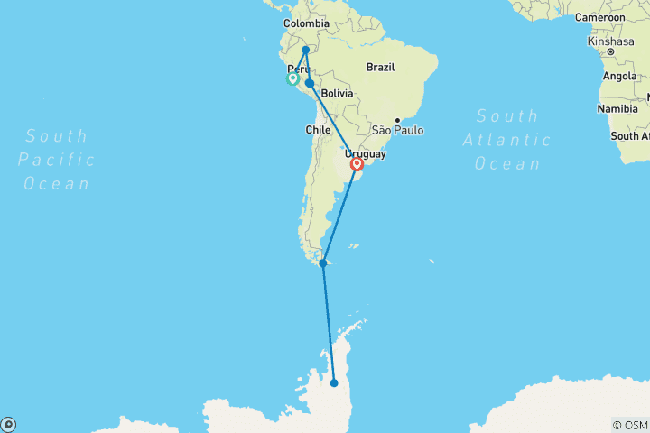 Carte du circuit Merveilles du Machu Picchu, de l'Amazonie et de l'Antarctique - Croisière et voyage terrestre 2025