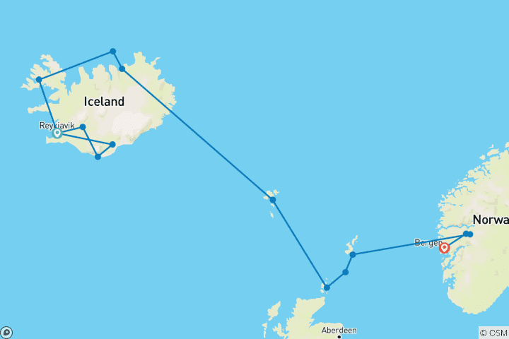 Carte du circuit Découverte de l'Islande et des fjords norvégiens - Croisière et voyage terrestre