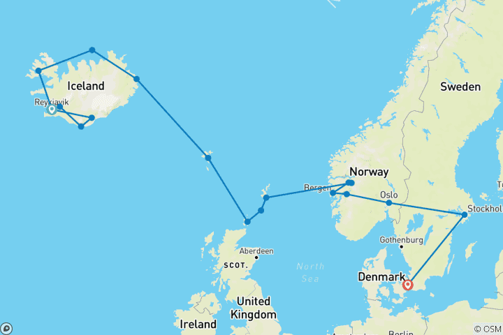 Carte du circuit Voyage ultime : Exploration de la Scandinavie, de la Norvège et de l'Islande - Croisière et voyage terrestre