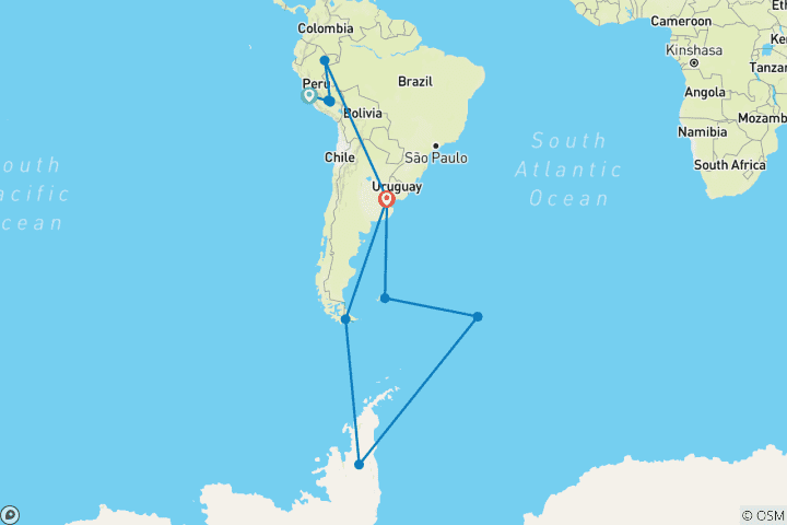 Map of Machu Picchu, Amazon & Antarctic Odyssey - Cruise & Land Journey 2026 - 37 Days