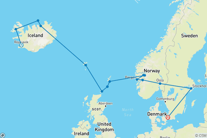 Karte von Wunder von Skandinavien: Island, Norwegische Fjorde & die Feeninseln - Kreuzfahrt & Landreise