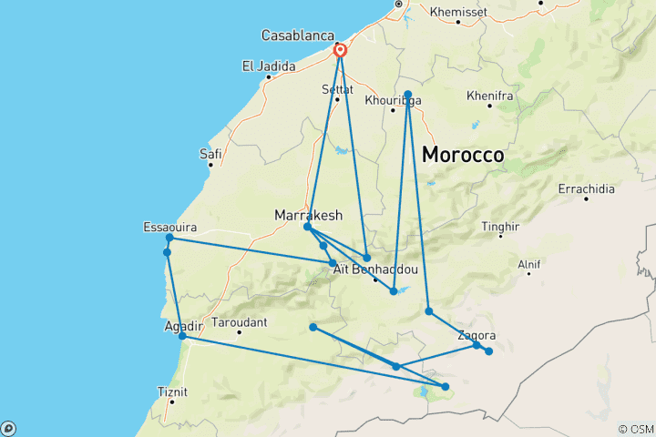 Karte von Die Magie Marokkos 12-tägige Wüstentour ab Casablanca: Marokko Tour