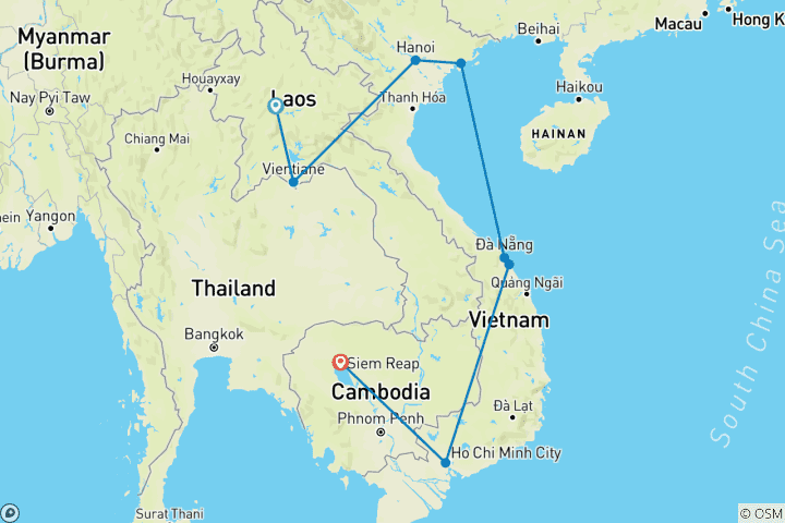 Kaart van 20 Dagen Schoonheid van Laos, Vietnam en Cambodja (privégids & chauffeur）