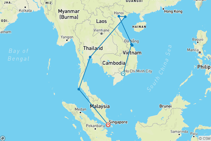 Mapa de 18 Días Vietnam y Tailandia y Singapur Asombrosos (guía y conductor privados）