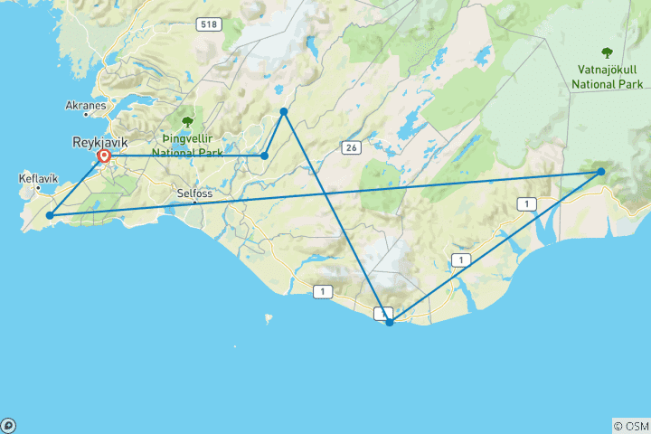 Carte du circuit Quête des aurores boréales en Islande - 6 jours/5 nuits (7 destinations)