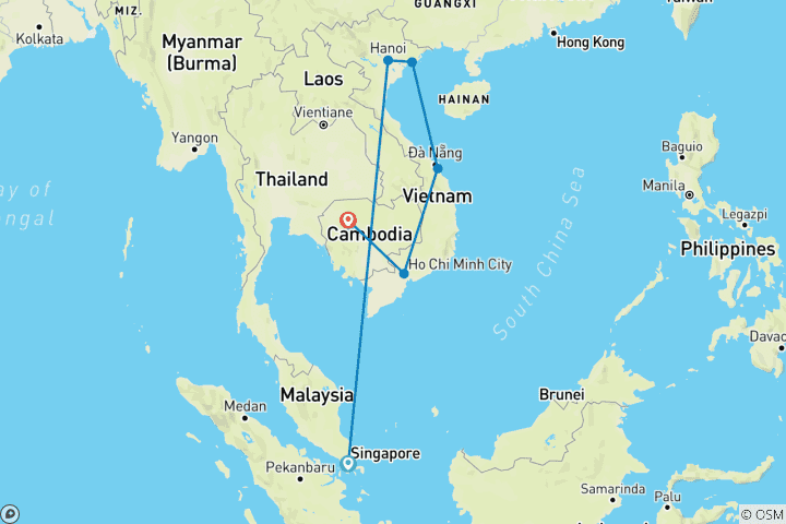 Map of 17 Days Indochina Discovery Tour of Singapore, Vietnam, Cambodia (private guide & driver）