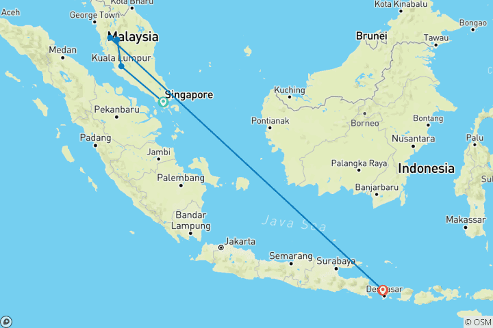 Carte du circuit Explorations typiques à Singapour, en Malaisie et à Bali - 16 jours (guide et chauffeur privés)