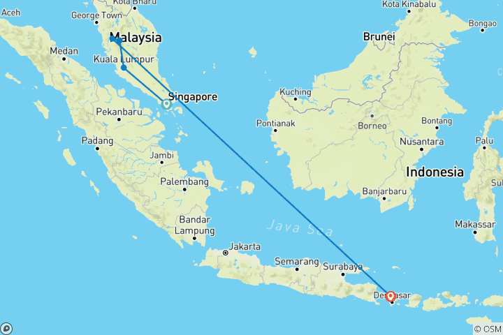 Map of 16 Days Typical explorations in Singapore, Malaysia and Bali (private guide & driver）