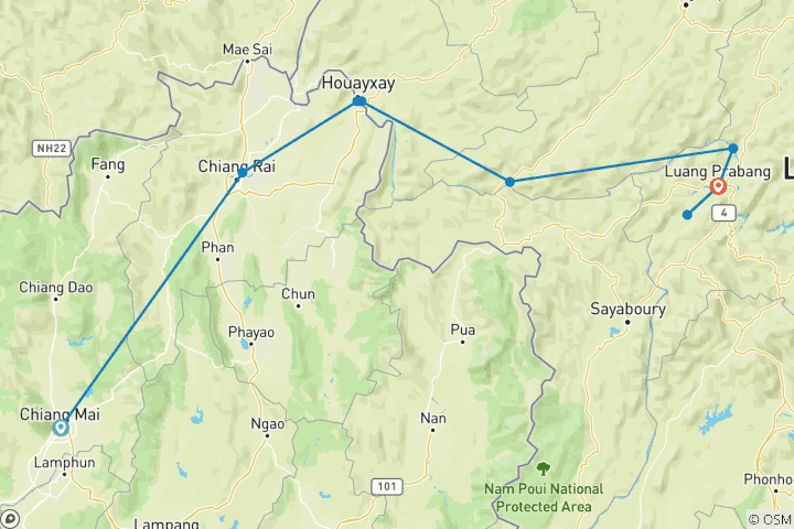 Kaart van Luxe Mekong Cruise Expeditie van Gouden Driehoek naar Luang Prabang 6-daagse