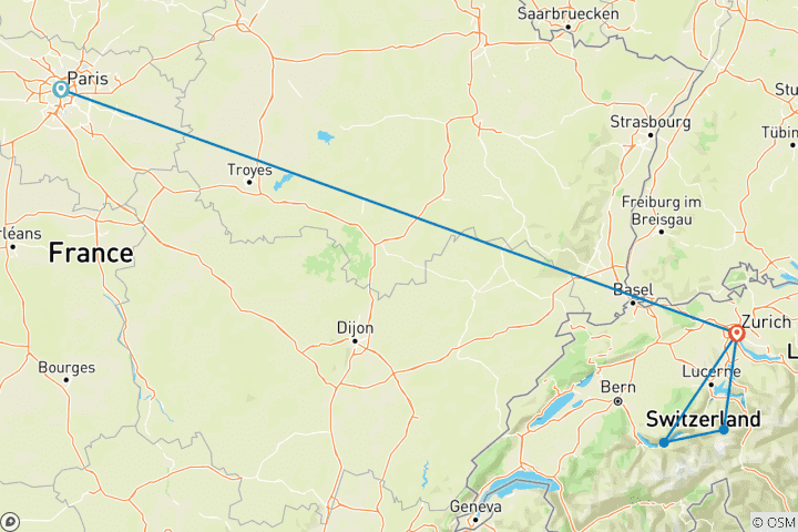 Map of Paris and Switzerland (stay in Zurich) in 8 days