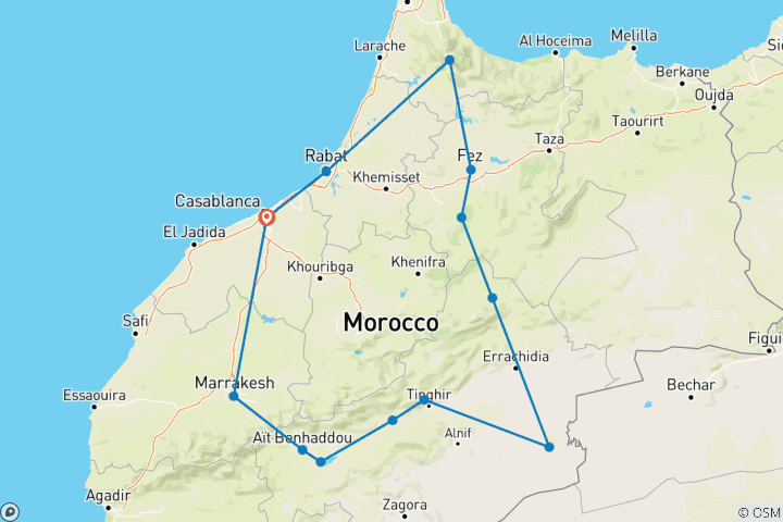 Kaart van Een reis door de tijd - 9-daagse rondreis door Marokko vanuit Casablanca