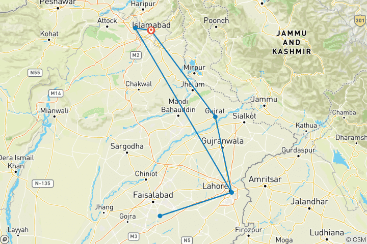 Kaart van Expeditie Cultureel Erfgoed Pakistan: Islamabad, Taxila, Lahore en verder