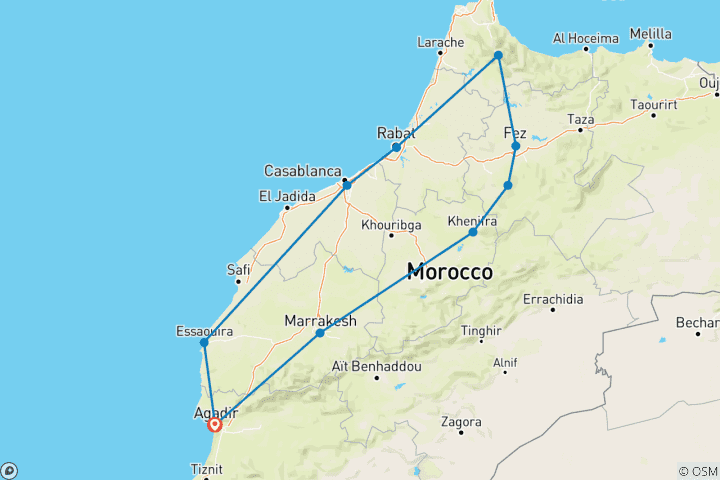 Kaart van 12-daagse reis vol cultuur, kusten en kleuren vanuit Agadir