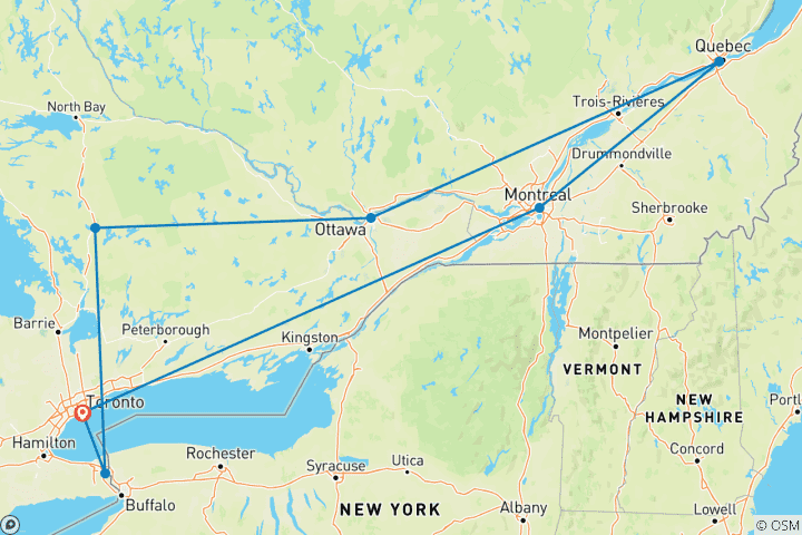 Carte du circuit Mini-circuit de l'Explorateur de l'Est : Départ de Toronto