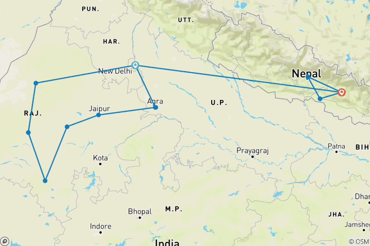 Map of India Nepal Expedition 20 Day - One Life Adventures