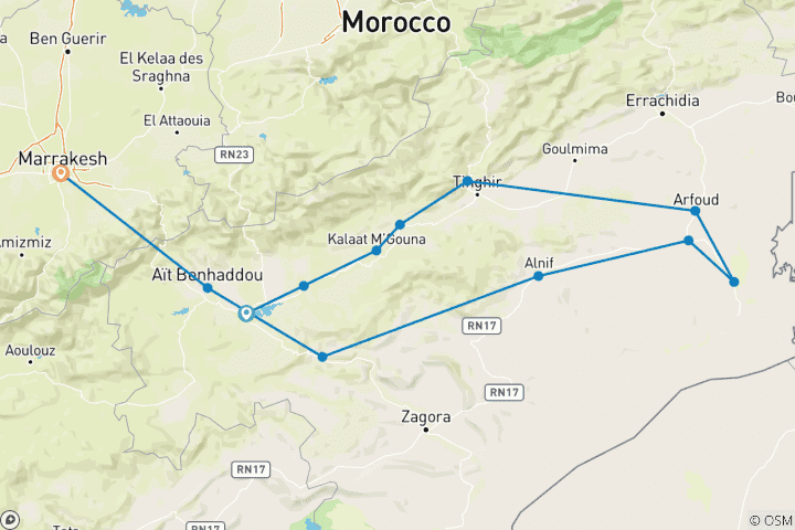 Karte von Das sechstägige Sahara-Abenteuer beginnt in Ouarzazate und endet in Marrakech.