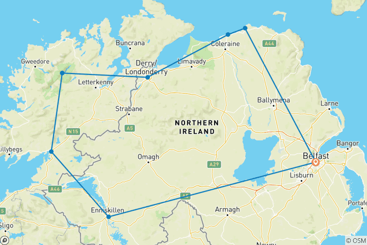 Map of Northern Ireland Adventure (Hotel) - 5 days