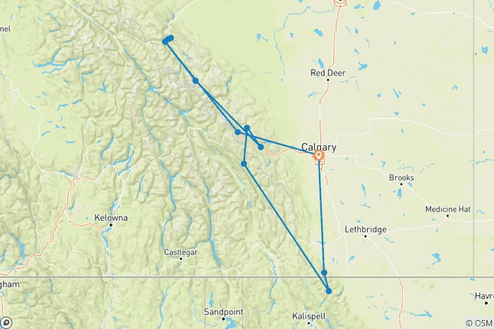 Carte du circuit Les secrets des Rocheuses et le parc national des Glaciers (9 jours, transfert de l'aéroport de Calgary et de l'hôtel après le voyage)