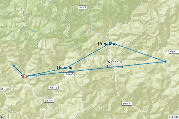 Map of Essence of Bhutan: 8 Days Private tour of Thimpu, Punakha, Gangtey & Paro
