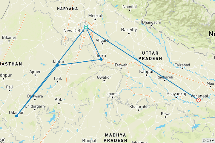 Karte von Ab Delhi: Luxuriöse Goldene-Dreieck-Tour mit Udaipur & Varanasi